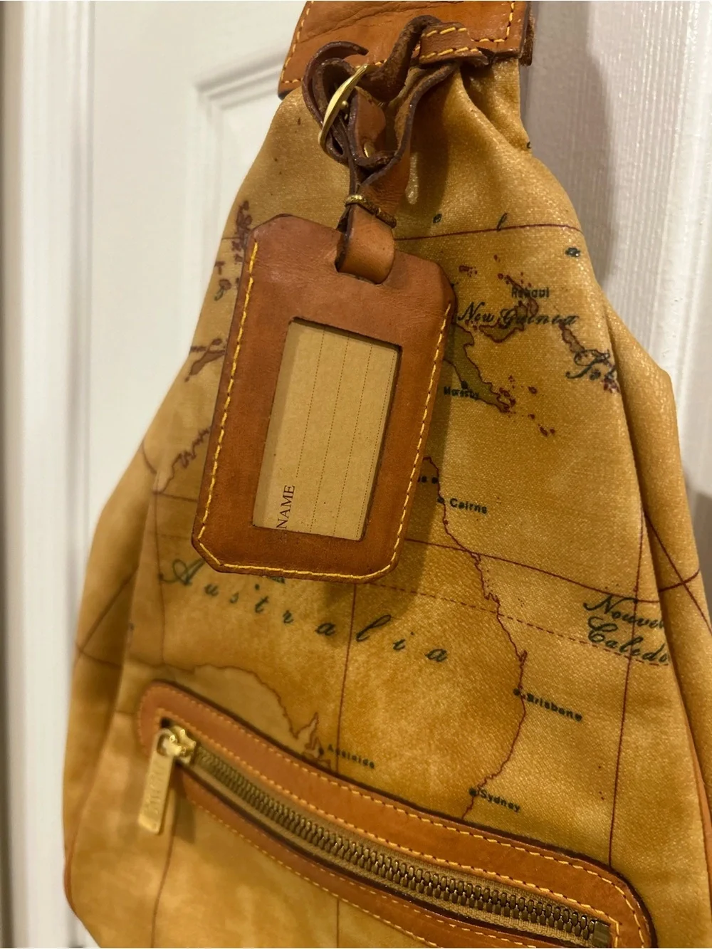 Alviero Martini 1A Classe Geo Map Sling Backpack Tan Coated Canvas Bag